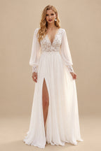 Rutipo Ivory Long Sleeves Lace Open Back Wedding Dresses With V-Neck Chiffon Floor-Length