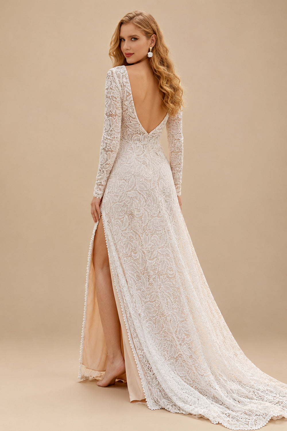 Rutipo As Picture Long Sleeves Lace Open Back Wedding Dresses With Court Train