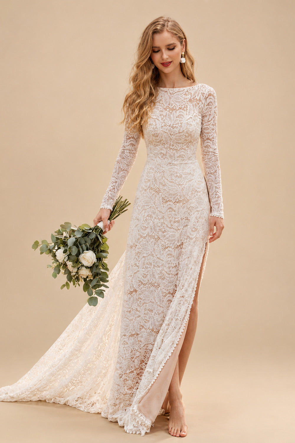 Rutipo As Picture Long Sleeves Lace Open Back Wedding Dresses With Court Train