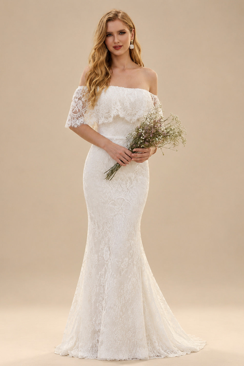 Rutipo As Picture Western Boho Lace Wedding Dresses With Off-The-Shoulder Sweep Train