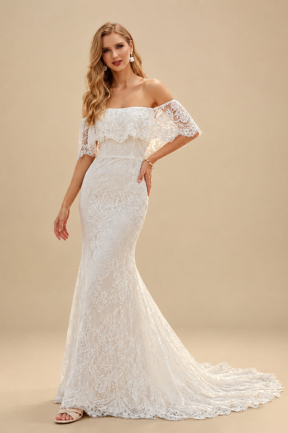 Rutipo As Picture Western Boho Lace Wedding Dresses With Off-The-Shoulder Sweep Train