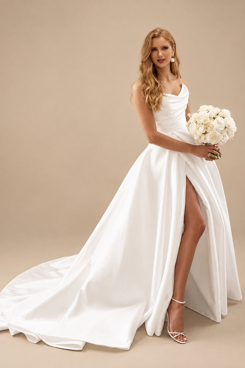Rutipo Ivory Ball-Gown/Princess Strapless Sleeveless Satin Sweep Train Wedding Dresses With Split Front