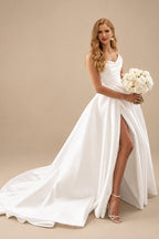 Rutipo Ivory Ball-Gown/Princess Strapless Sleeveless Satin Sweep Train Wedding Dresses With Split Front