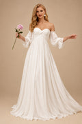 Rutipo Ivory Off-The-Shoulder Long Sleeves Boho Wedding Dresses With Chiffon Sweep Train