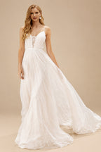 Rutipo Ivory Boho Lace A-Line Wedding Dresses With V-Neck Chiffon Sweep Train