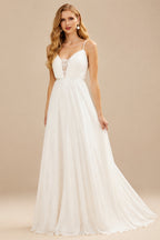 Rutipo Ivory Boho Lace A-Line Wedding Dresses With V-Neck Chiffon Sweep Train