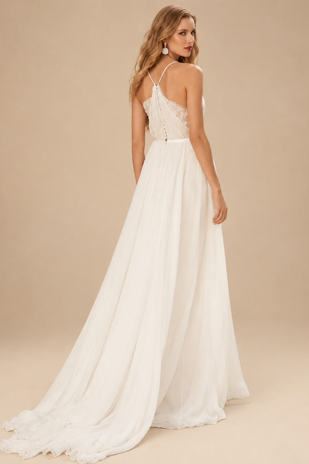 Rutipo Ivory Boho Lace A-Line Wedding Dresses With V-Neck Chiffon Sweep Train