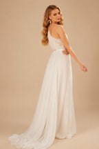 Rutipo Ivory Boho Lace A-Line Wedding Dresses With V-Neck Chiffon Sweep Train