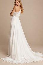 Rutipo Ivory Boho Lace A-Line Wedding Dresses With V-Neck Chiffon Sweep Train