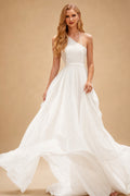 Rutipo Ivory Boho Lace A-Line Wedding Dresses With V-Neck Chiffon Sweep Train