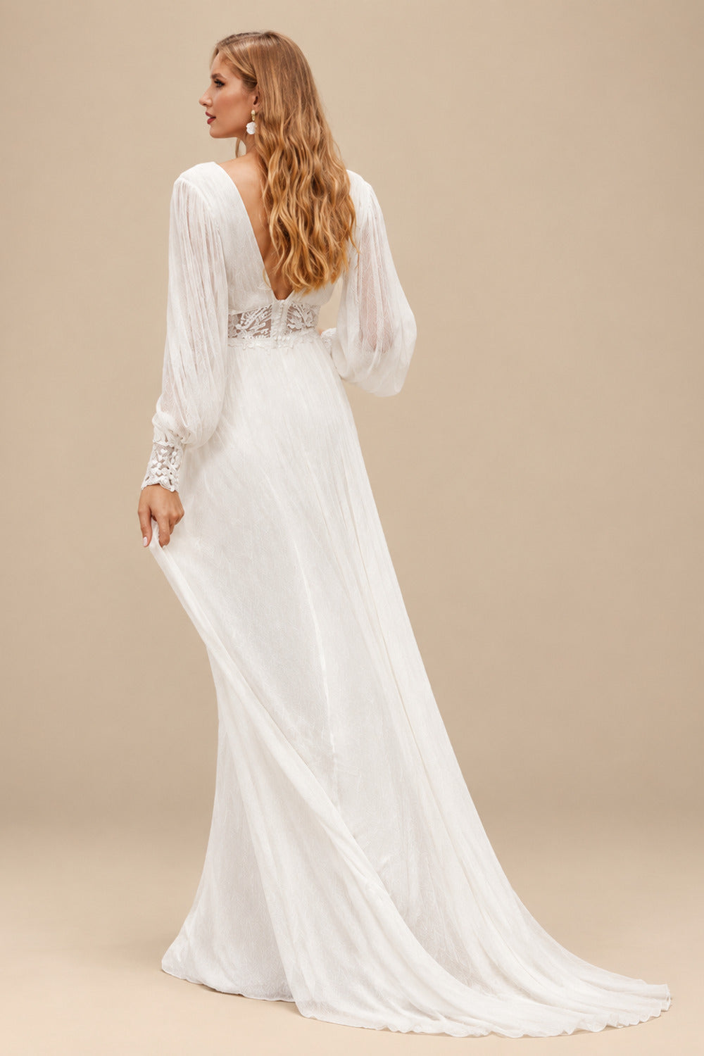 Rutipo Ivory Long Sleeves Boho Lace Wedding Dresses With V-Neck