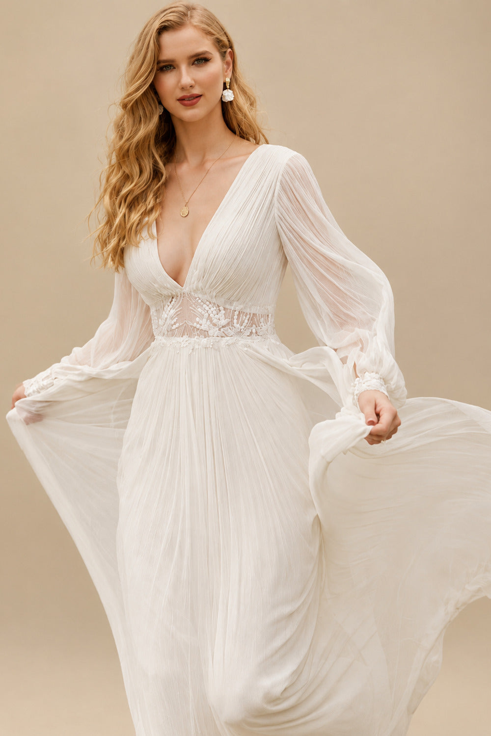 Rutipo Ivory Long Sleeves Boho Lace Wedding Dresses With V-Neck