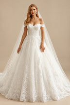 Rutipo Ivory Vintage Ball-Gown Wedding Dresses With Off-The-Shoulder Short Sleeves Tulle Lace Court Train