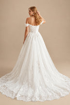 Rutipo Ivory Vintage Ball-Gown Wedding Dresses With Off-The-Shoulder Short Sleeves Tulle Lace Court Train