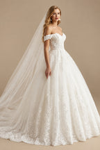 Rutipo Ivory Vintage Ball-Gown Wedding Dresses With Off-The-Shoulder Short Sleeves Tulle Lace Court Train