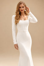 Rutipo Ivory Long Sleeve Square Neckline Elastic Satin Wedding Dresses