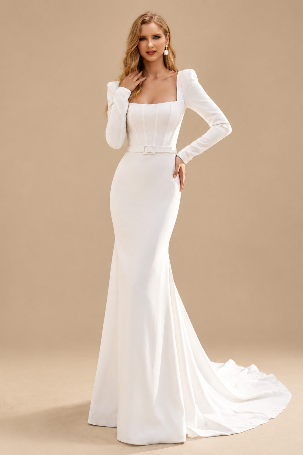 Rutipo Ivory Long Sleeve Square Neckline Elastic Satin Wedding Dresses