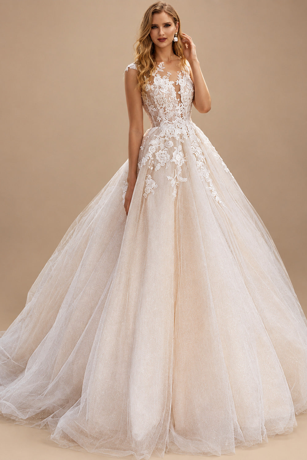 Rutipo As Picture Ball-Gown Tulle Lace Pink Wedding Dresses With Train Appliques Lace