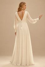 Rutipo Champagne Simple Long Sleeves Wedding Dresses With Bridal Shower Chiffon Floor-Length V-Neck