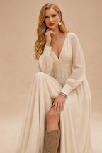 Rutipo Champagne Simple Long Sleeves Wedding Dresses With Bridal Shower Chiffon Floor-Length V-Neck