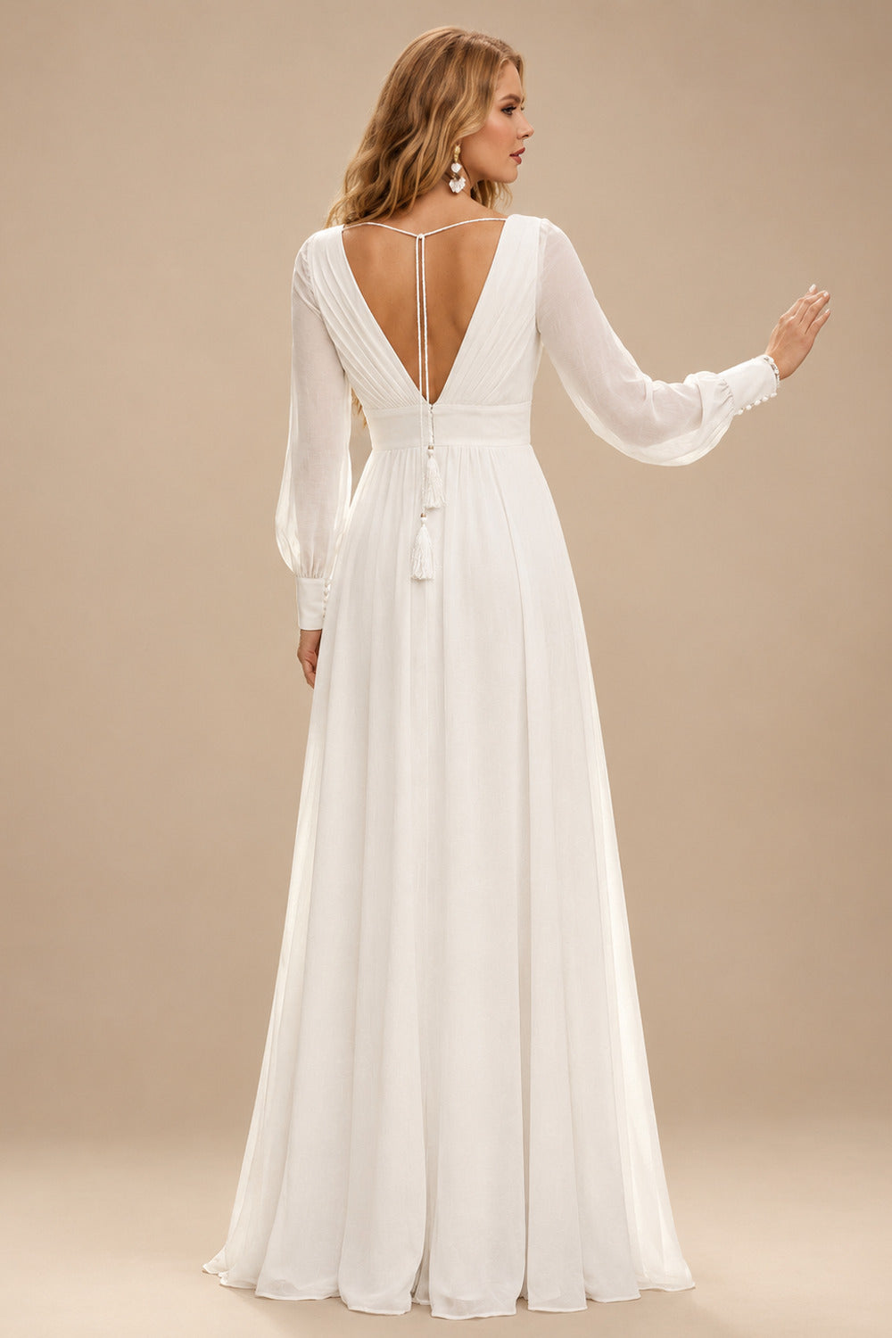 Rutipo Ivory Simple Long Sleeves Wedding Dresses With Bridal Shower Chiffon Floor-Length V-Neck