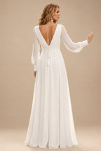 Rutipo Ivory Simple Long Sleeves Wedding Dresses With Bridal Shower Chiffon Floor-Length V-Neck