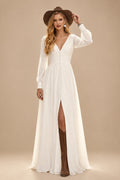 Rutipo Ivory Simple Long Sleeves Wedding Dresses With Bridal Shower Chiffon Floor-Length V-Neck