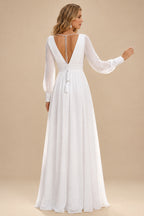 Rutipo White Simple Long Sleeves Wedding Dresses With Bridal Shower Chiffon Floor-Length V-Neck