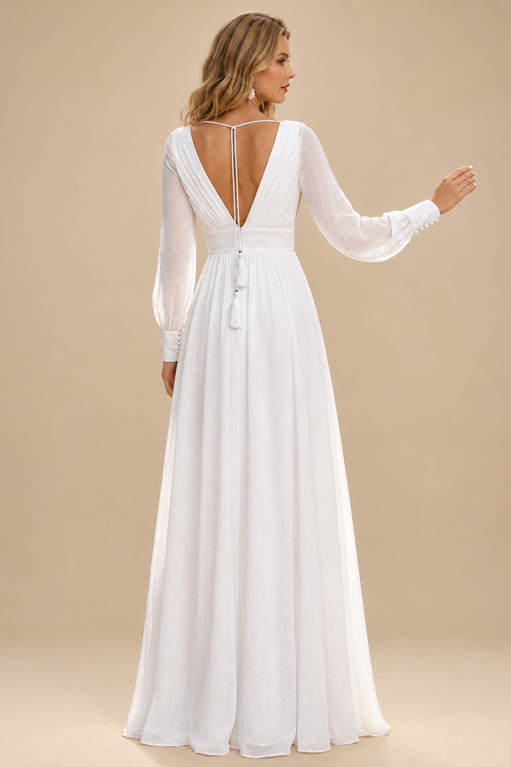 Rutipo White Simple Long Sleeves Wedding Dresses With Bridal Shower Chiffon Floor-Length V-Neck