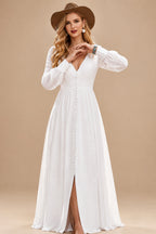 Rutipo White Simple Long Sleeves Wedding Dresses With Bridal Shower Chiffon Floor-Length V-Neck