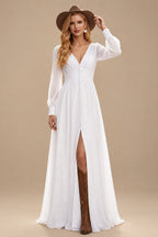 Rutipo White Simple Long Sleeves Wedding Dresses With Bridal Shower Chiffon Floor-Length V-Neck