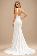 Rutipo Ivory Simple Mermaid Elastic Satin Wedding Dresses With Reception Court Train