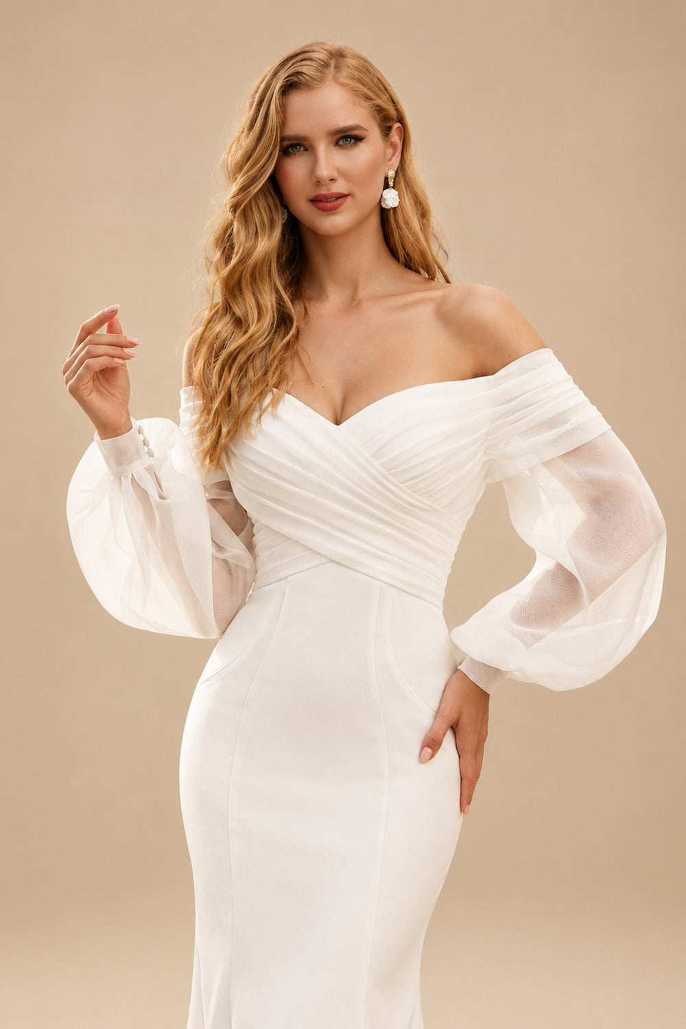 Rutipo Ivory Mermaid Long Sleeves Wedding Dresses With Off-The-Shoulder Elastic Satin Simple