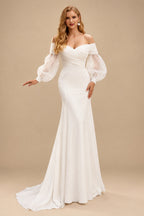 Rutipo Ivory Mermaid Long Sleeves Wedding Dresses With Off-The-Shoulder Elastic Satin Simple