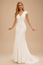 Rutipo Ivory V-Neck Mermaid Wedding Dress With Short Sleeves