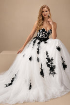 Rutipo As Picture Black And White Wedding Dresses With Ball Gown Strapless Lace Sash Bridal Dresses