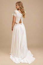 Rutipo Ivory Ivory Two-Piece Wedding Dresses With A-Line Scoop Neck Buttons Bridal Dress
