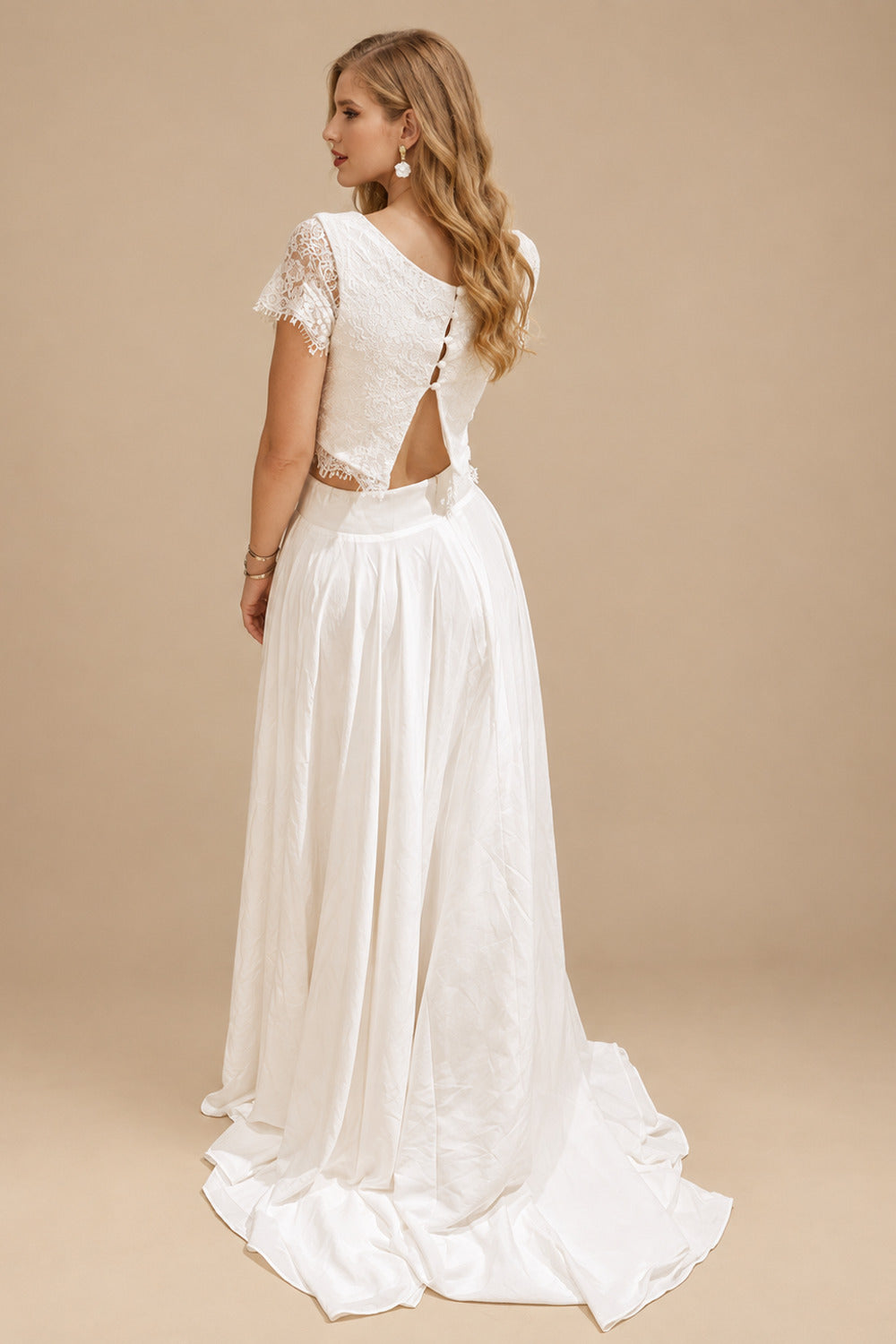 Rutipo Ivory Ivory Two-Piece Wedding Dresses With A-Line Scoop Neck Buttons Bridal Dress