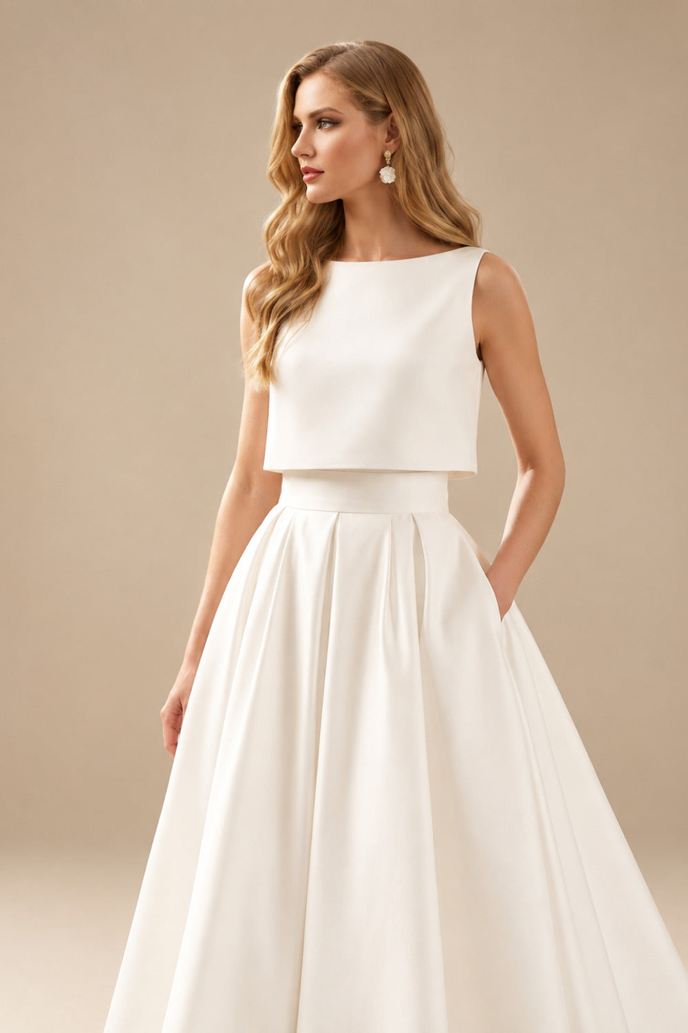 Rutipo Ivory Two-Piece Wedding Dresses With Satin Fabric Ball-Gown Zipper Sleeveless Ivory Simple Bridal Dress