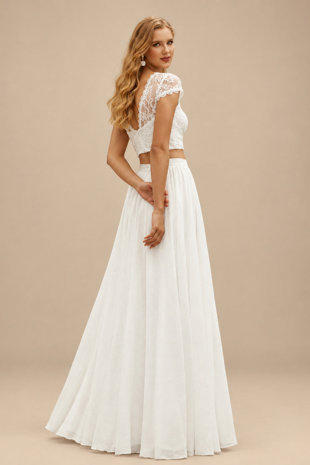 Rutipo Ivory Two-Piece Wedding Dresses With Chiffon Lace A-Line Floor-Length Ivory Bridal Dress