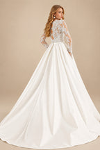Rutipo Ivory Ball-Gown Long Sleeves Elegant Wedding Dresses With Lace Satin