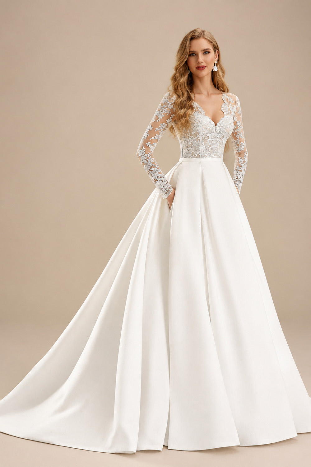 Rutipo Ivory Ball-Gown Long Sleeves Elegant Wedding Dresses With Lace Satin