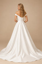 Rutipo Ivory Ball-Gown Off-The-Shoulder Sleeveless Court Train Satin Wedding Dresses With Pockets