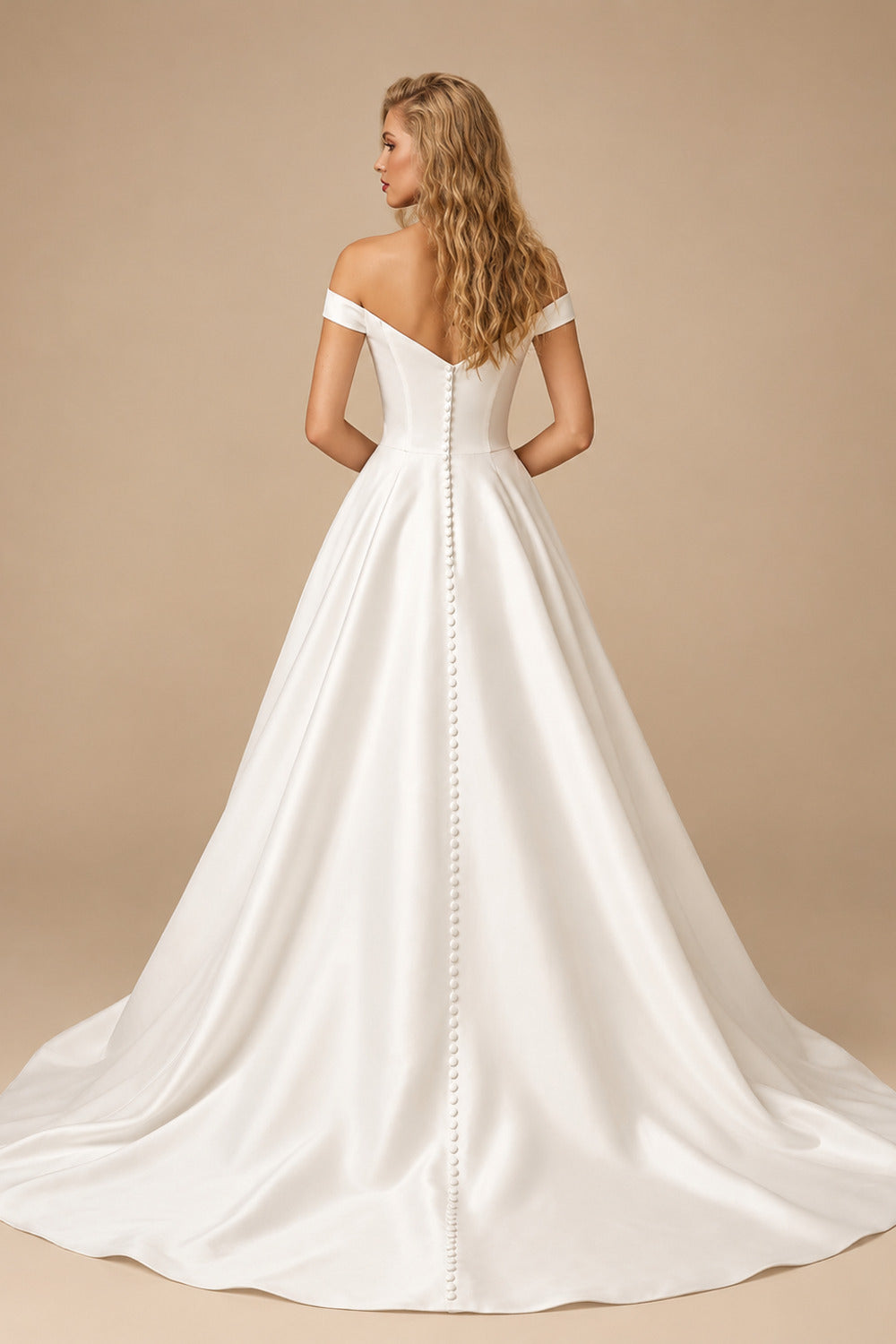 Rutipo Ivory Ball-Gown Off-The-Shoulder Sleeveless Court Train Satin Wedding Dresses With Pockets