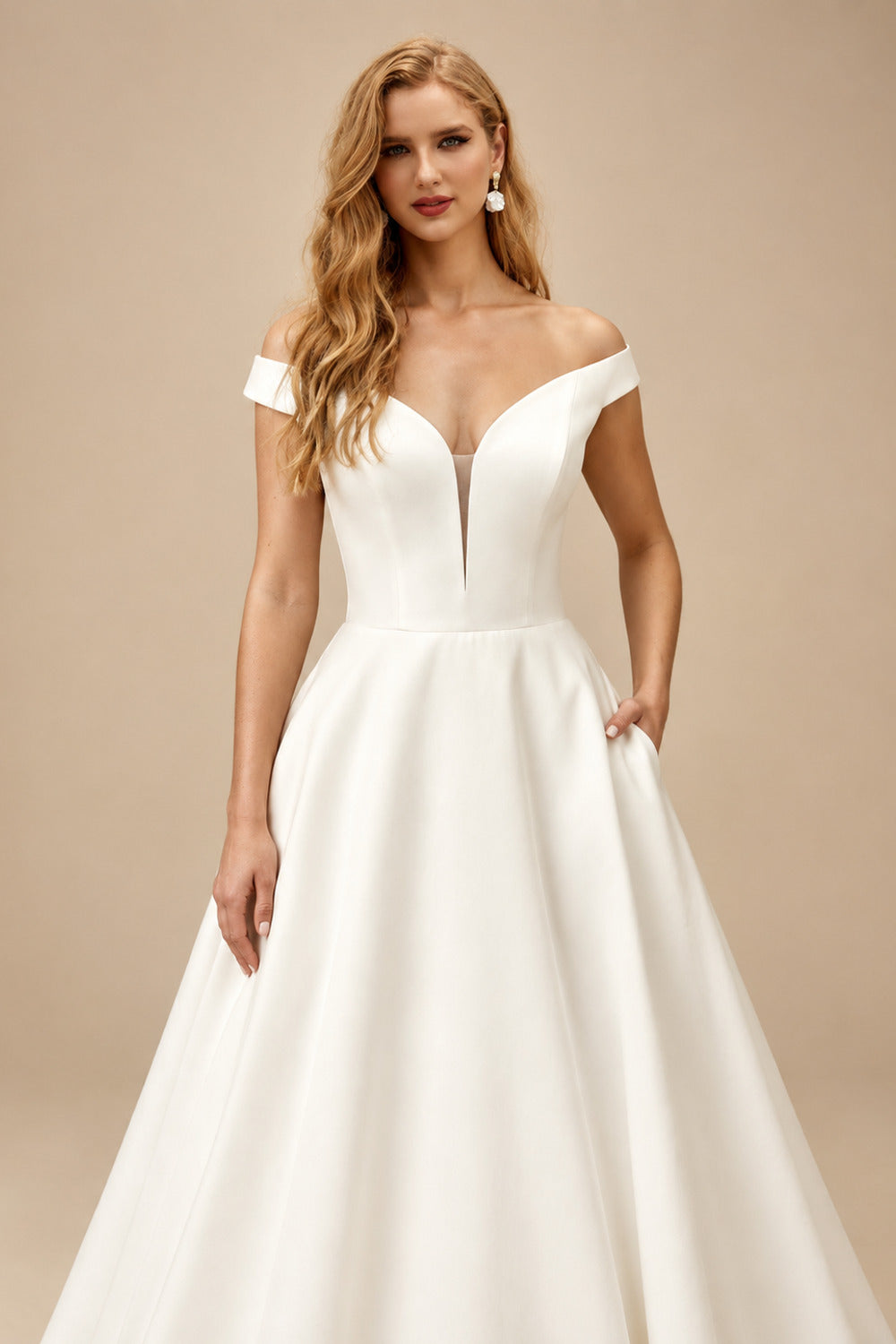 Rutipo Ivory Ball-Gown Off-The-Shoulder Sleeveless Court Train Satin Wedding Dresses With Pockets