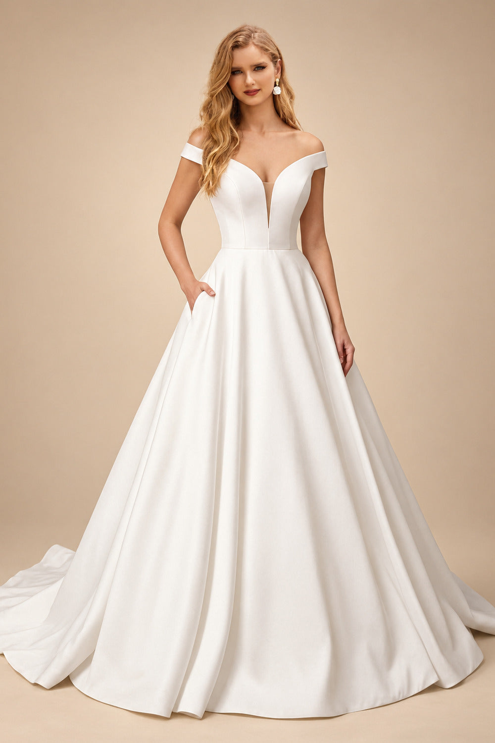 Rutipo Ivory Ball-Gown Off-The-Shoulder Sleeveless Court Train Satin Wedding Dresses With Pockets