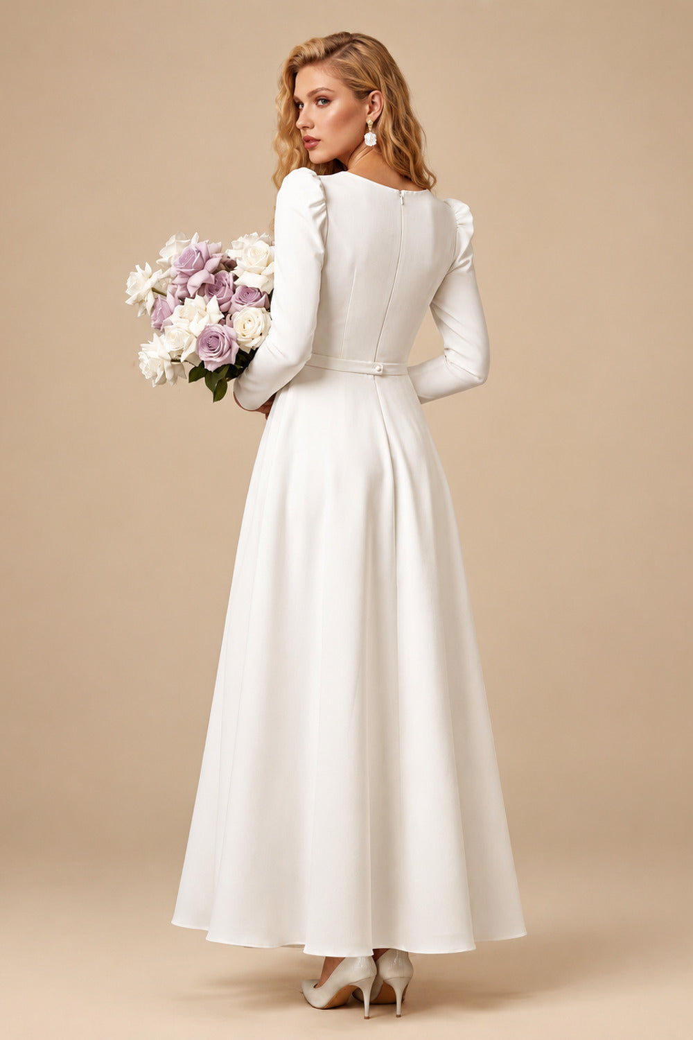 Rutipo Ivory A-Line Square Neckline Long Sleeves Tea-Length Stretch Satin Wedding Dresses