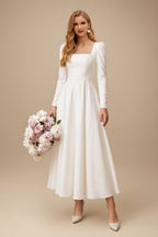 Rutipo Ivory A-Line Square Neckline Long Sleeves Tea-Length Stretch Satin Wedding Dresses