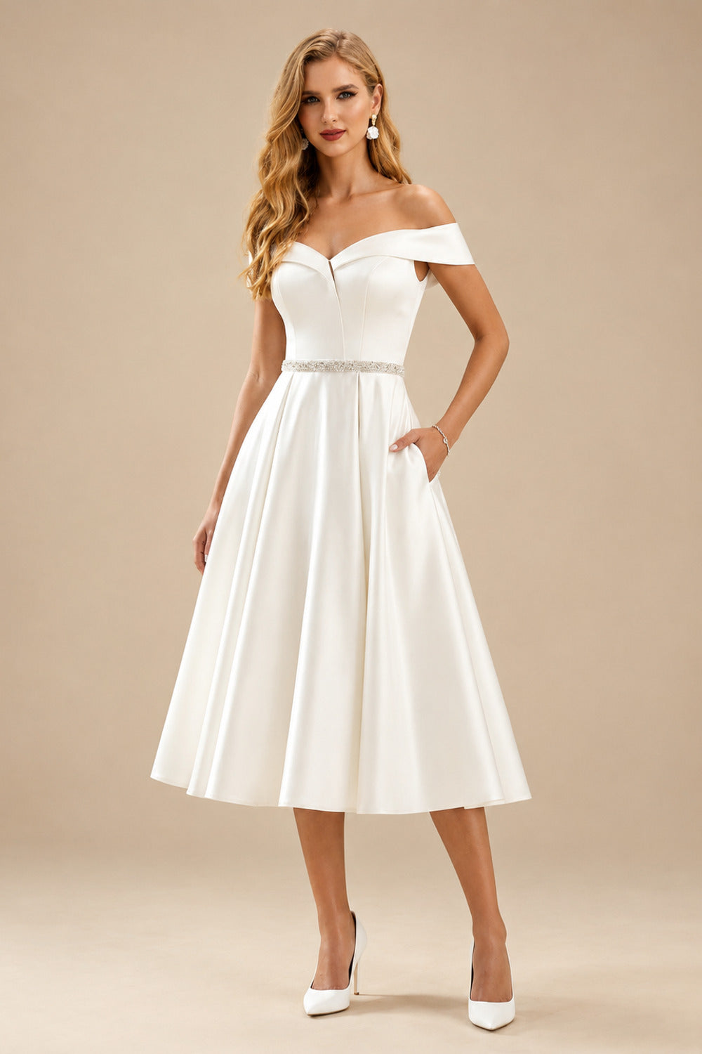 Rutipo Ivory Simple Tea Length Wedding Dress