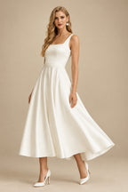 Rutipo Ivory A-Line Square Neckline Sleeveless Tea-Length Satin Wedding Dresses With Pockets